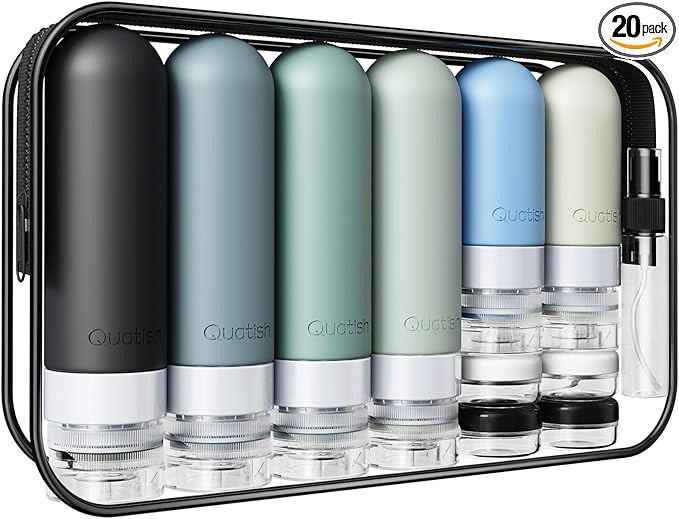 Quatish 20 Pack Travel Bottles for Toiletries, Original Patented, TSA Approved Travel Size Containers, Leak Proof Silicone Shampoo and Conditioner Bottles Women & Men, Airplane Essentials, Black