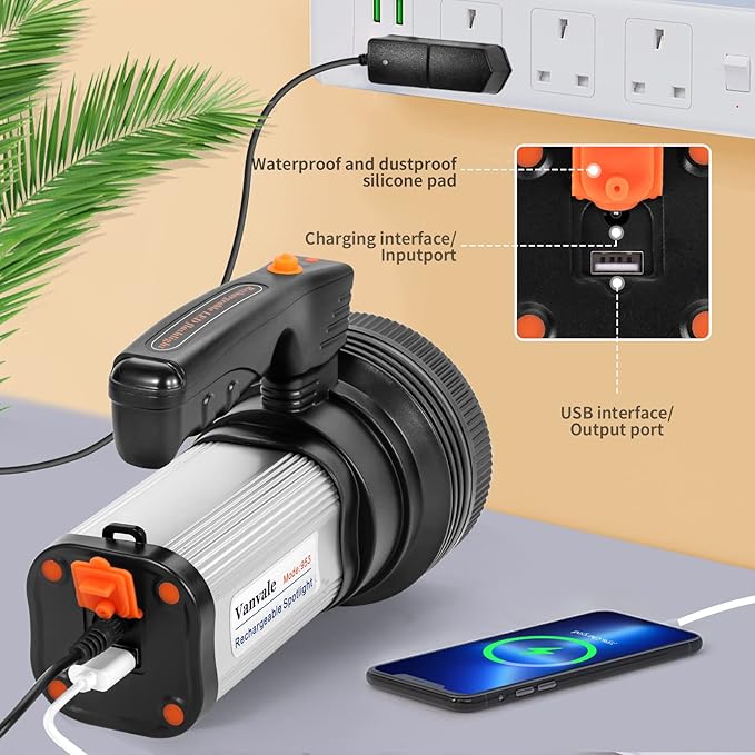 Rechargeable Searchlight Handheld LED Tactical Flashlight with Handle Spotlight High-Power Super Bright Torch with USB Output Torch (Silver)