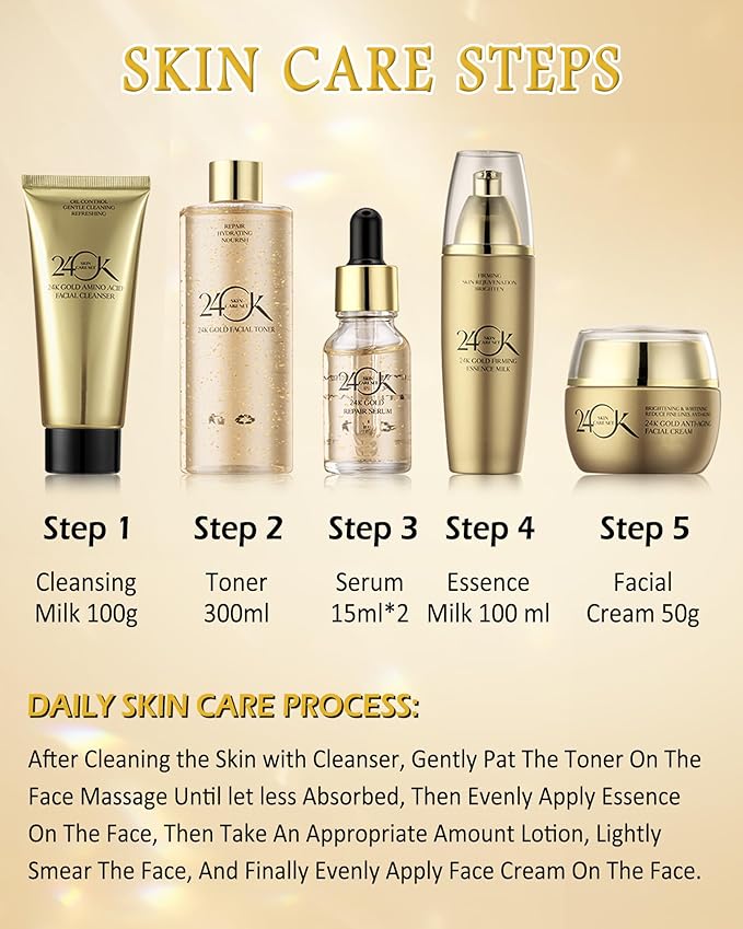 24K Gold Skin Care Set,6 in 1 Hydrate Firm Skincare Gift Toiletries Set,Moisturizing Soft Facial Skin Care Product Kit for Wrinkles Fine Lines,Women's Mother’s Day Skin Care Gift Kit for Women Mom