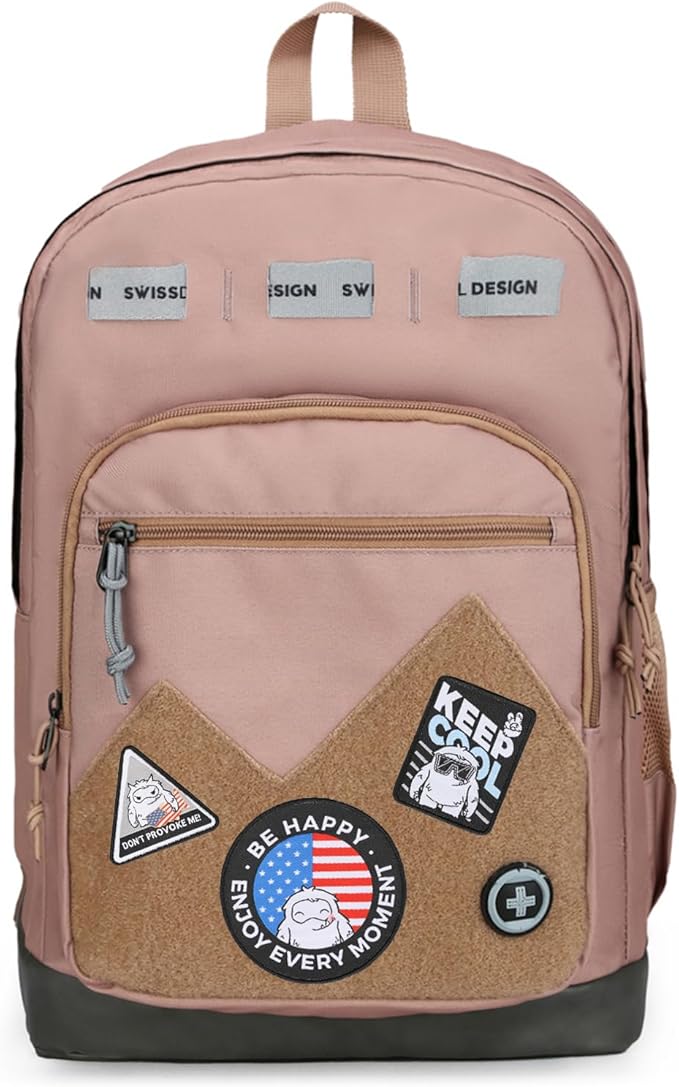 Swissdigital Design Big Student Laptop Backpack with Fun Personalized Patches For College Boy & Girl, Middle High School Teen Bookbag Cool Travel Daypack Mocha Brown - Includes 3 Patches | SD1718-35