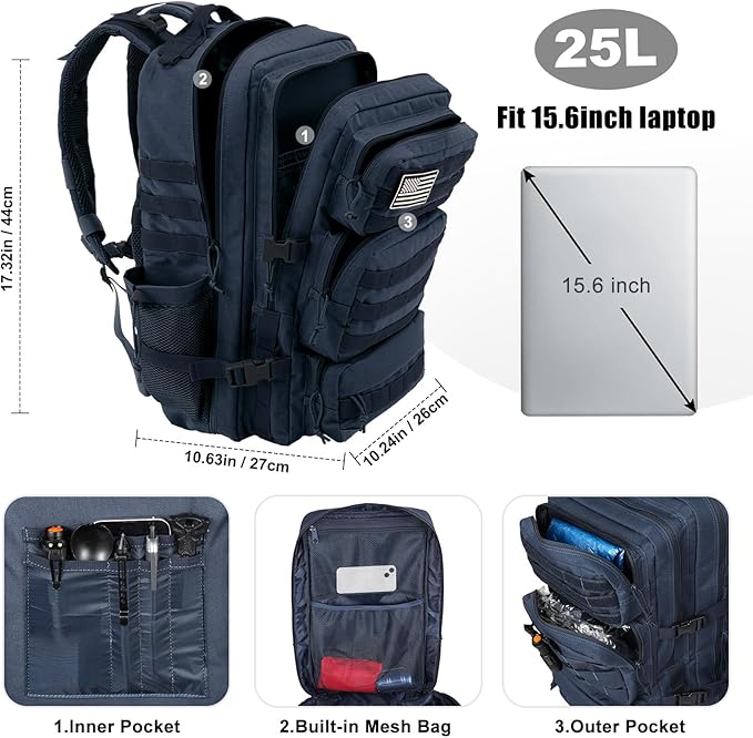 Military Tactical Backpack 25L Day Backpack for Men Molle Army 3 Days Assault Pack Bug Out Bag Water Resistant and Heavy Duty Hiking Treeking Rucksack - Dark Blue