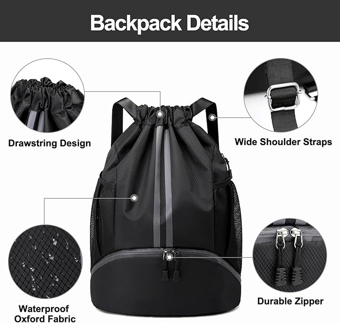 Hoedia Sports Drawstring Backpack - String Swim Gym Bag with Shoes Compartment and Wet Proof Pocket for Women&Men
