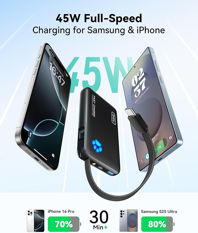 INIU 45W Mini Power Bank + 45W Portable Charger with Built-in USB C Cable