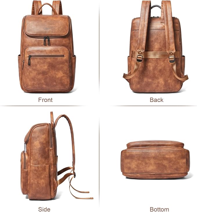 Leather Backpack for Women, Fits 17 Inch Laptop in Main Compartment, Dedicated 15.6 Inch Padded Sleeve, Large Vegan Leather Travel Computer Bag with Luggage Strap for Business and Work, Brown