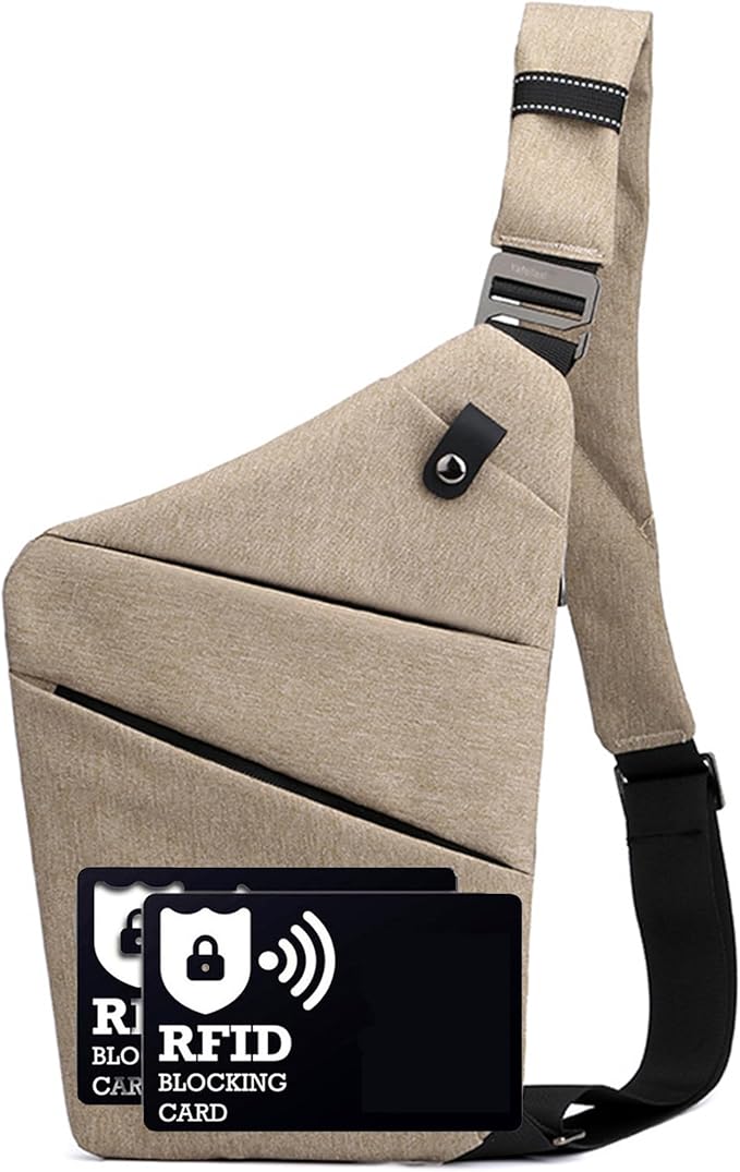 Anti Theft Crossbody Bags for Women Men, Multi-Pocket Shoulder Bag, Slim Sling Purse with 2 RFID Blocking Card (Right Shoulder-Khaki)