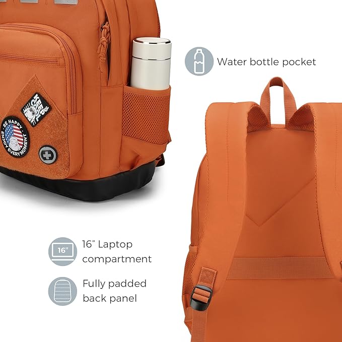 Swissdigital Design Big Student Laptop Backpack with Fun Personalized Patches For College Boy & Girl, Middle High School Teen Bookbag Cool Travel Daypack Orange - Includes 3 Patches | SD1718-33
