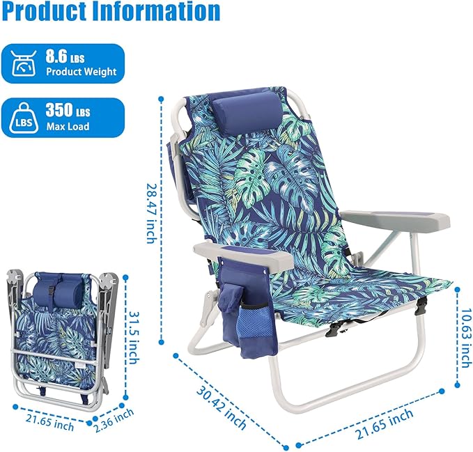 SUNNYFEEL Low Beach Chair 2 Pack, 5-Position Lay Flat Reclining, Backpack Portable Folding Chairs with Cooler Bag & Cup Holder, Heavy Duty 350 LBS, Compact for Beach, Camping, Travel
