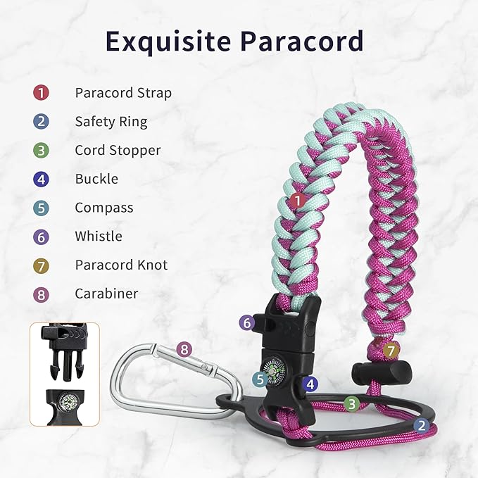 Trebo Insulated Water Bottle 64 oz, Half Gallon Metal Vacuum Water Jug with Paracord Handle and 3 Lids, Leakproof BPA-Free Flask for Gym Sports Hiking Travel, Keep Cold 48 Hours, Rose Red