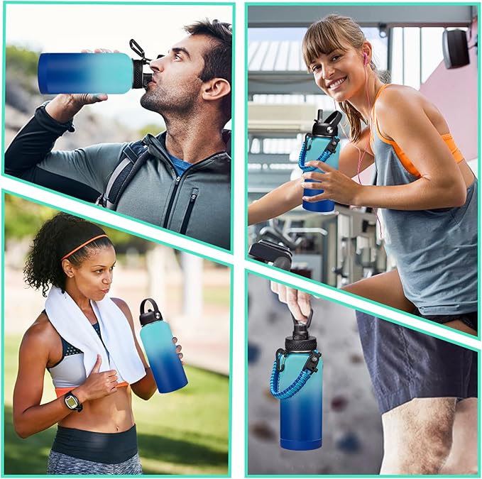 Stainless Steel Flask Water Bottle - 32oz/40oz/64oz Insulated Water Bottle with Straw & Spout Lids, Paracord Handle, Strap Sleeve, Protective Cup Mat, Hydro Thermo Perfect for Sports Office