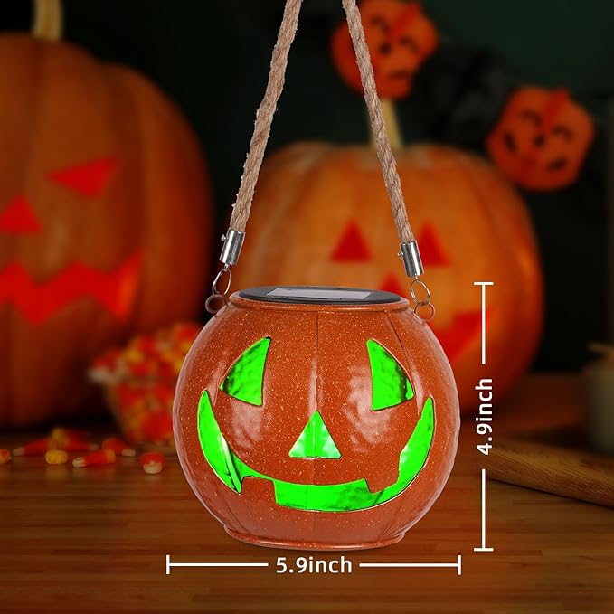 Jack O Lantern Decor Solar Light Color Changing Metal Pumpkin Halloween Lanterns Outdoor for Yard, Patio, Lawn, Porch, Garden Decorations