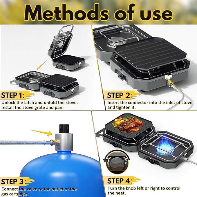 Adjustable 2-Burner Portable Stove with 16000 BTU, Flameout Protection, with Camping Grill and Carrying Bag, Propane Camping Stoves for Camping, Backyard BBQ,Tailgating (Grey)