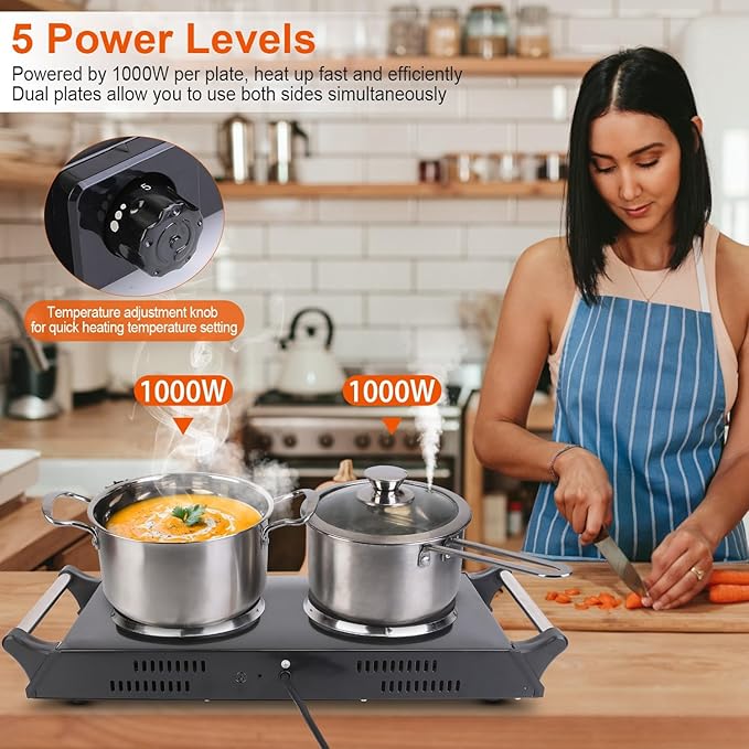 Hot Plate, 2000W Portable Electric Stove for Cooking with Stay Cool Handles & 5 Levels Adjustable Temperature, Countertop Double Coil Burner for RV Home Camp Compatible for All Cookwares,Black