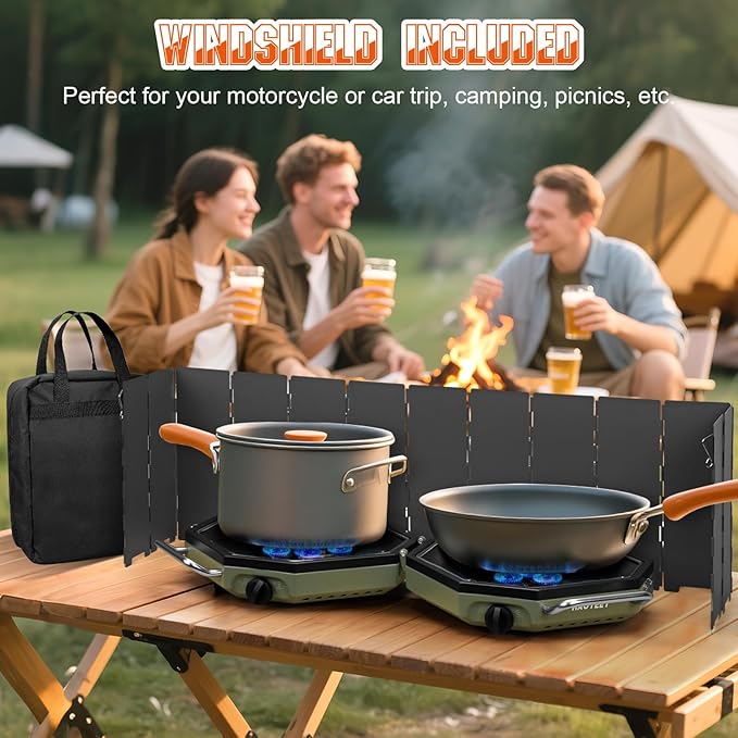 Camping Stove Propane Two Burner, 34000BTU Foldable Camp Stove Gas Propane Burners for Outdoor Cooking, Portable Stoves Gas Burners with Windsheild, Carrying Bag, Grates, Regulator