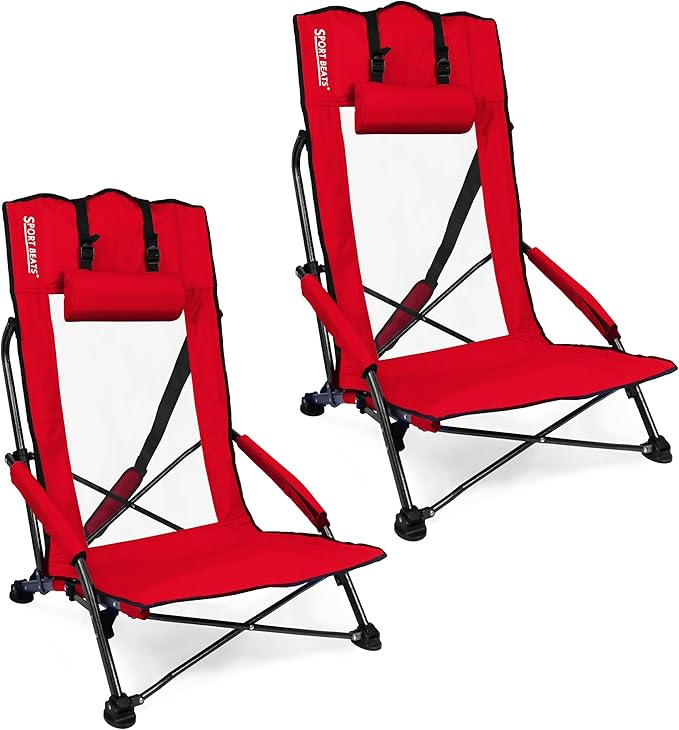 SPORT BEATS Low Beach Chairs Set of 2 Folding Beach Chairs High Back Support with Head Pillows Shoulder Straps
