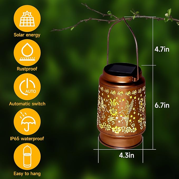 Lawn Social Solar Lanterns Outdoor Waterproof, Hummingbird Metal Hanging Solar Lights for Outside, Garden Decor Birthday Gifts for Women Mom Grandma, Outdoor Lantern for Patio Yard Balcony Porch
