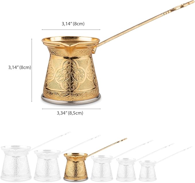 Alisveristime Authentic Turkish Coffee Pot, Handmade Cezve/Ibrik, 3.14-Inch Width, 3.14-Inch Height - 13.52 Ounce Enhance Your Coffee Experience Now! (4 Cup) (Gold)