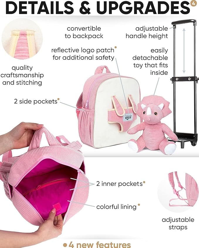Toddler Luggage for Girls w Dinosaur Toys, Kids Rolling Backpack Girls, Toddler Suitcase, Gifts for 3 4 5 6 Year Old