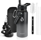 Insulated Water Bottle 32 oz, Triple Wall Vacuum Stainless Steel (Cold for 48 Hrs), Leak Proof & Non-BPA, Modern Water Flask Jug with Paracord Handle & Straw Spout Lids, Dark Grey