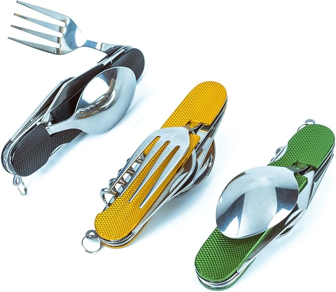 6-in-1 Multi-Function Camping Utensil Flatware Set Detachable Spoon Fork Knife Combo Mess Kit with Carrying Pouch (Black + Gold + Green)