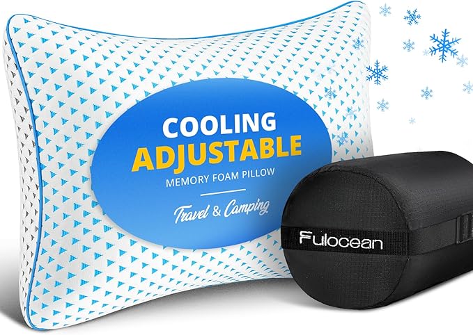 Small Cooling Memory Foam Travel Pillows for Airplanes Sleeping, Compressible Camping Pillow, Mini Adjustable Shredded Foam Bed Pillow for Medium Firm Neck Knee Lumbar Support, Ideal Car, Backpacking