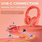 ADOOPE Wired Kids Headphones with USB C Plug, 85dB Safe Volume, Adjustable Headband, Tangle-Free Cord Headphones for School, Tablet, Travel (Coral Red & Soft Peach, with Microphone)