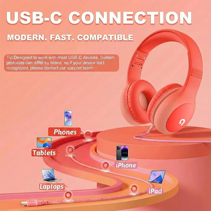 ADOOPE Wired Kids Headphones with USB C Plug, 85dB Safe Volume, Adjustable Headband, Tangle-Free Cord Headphones for School, Tablet, Travel (Coral Red & Soft Peach, with Microphone)