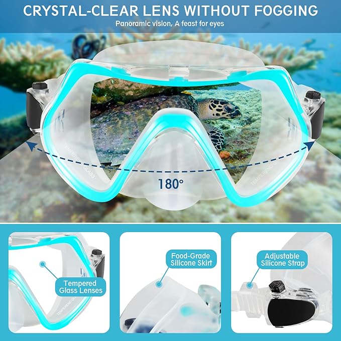 ZEEPORTE Mask Fin Snorkel Set, Travel Size Snorkeling Gear for Adults with Panoramic View Anti-Fog Mask, Trek Fins, Dry Top Snorkel and Gear Bag for Swimming Training, Snorkeling Kit Diving Packages