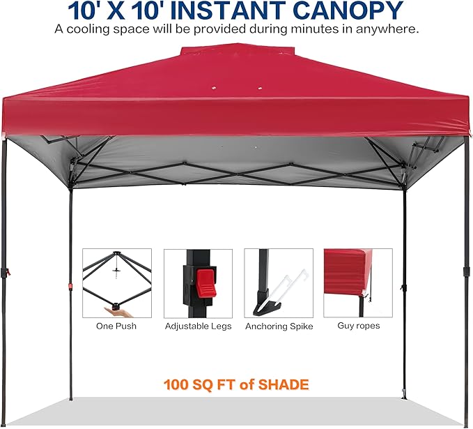 10'x10' Pop Up Canopy Tent with 1 Sidewall and 6 Pockets, One Push Setup, Instant Shade Tent with Vented Roof for Beach Patio Outdoor, Case, 8 Stakes, 4 Ropes, 4 Sandbags (Red, 10x10)