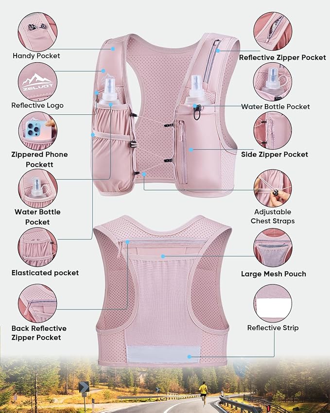 Running Vest for Women Men, USA Original Patent, Adjustable Chest Straps Running Hydration Vest with 500ml Soft Flask, Lightweight Reflective Hydration Backpack for Hiking Marathon