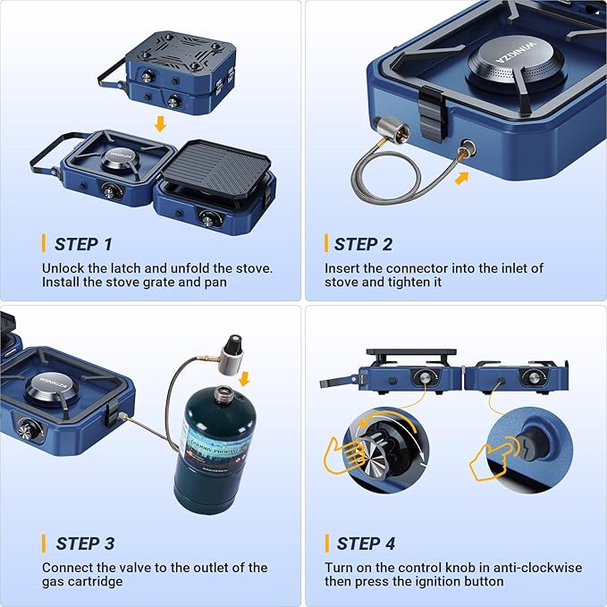 Upgraded WINKIZA 2 Burner Propane Camping Stove with Grill, Foldable Camp Stove with 16,000 BTU, Two Adjustable Burners with Piezo Ignition & Easy Carrying Handle, Portable Stove for Camping, BBQ