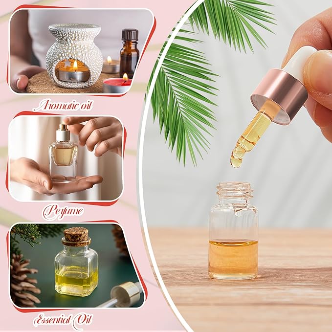 200 Pcs Mini Glass Oil Dropper Bottle Bulk, Clear Essential Small Empty Bottles Sample Containers Perfume Liquid Vials with Cap for Traveling (3 ml,Rose Gold)