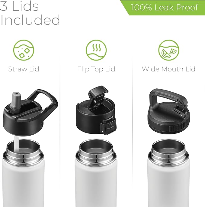 SipX™ Triple-Insulated Stainless Steel Water Bottle 18oz. With 3 Lids, BPA-Free Reusable Insulated Water Bottle Keeps Cold 24 Hours, (White)