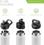 SipX™ Triple-Insulated Stainless Steel Water Bottle 18oz. With 3 Lids, BPA-Free Reusable Insulated Water Bottle Keeps Cold 24 Hours, (White)