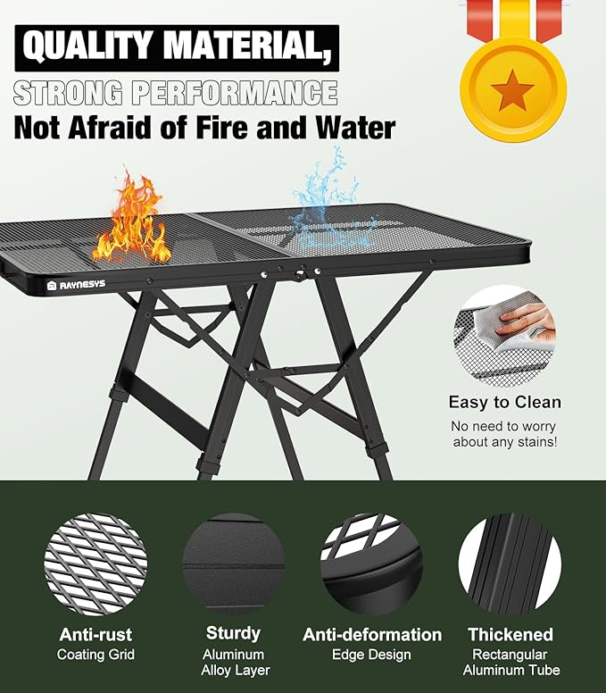 Foldable Grill Table with Mesh Desktop, 200lbs 3Ft Portable Folding Table, Height Adjustable Metal Table for Ourdoor, Camping, Picnic, BBQ and Beach, RV, 35.4" L x 23.6" W