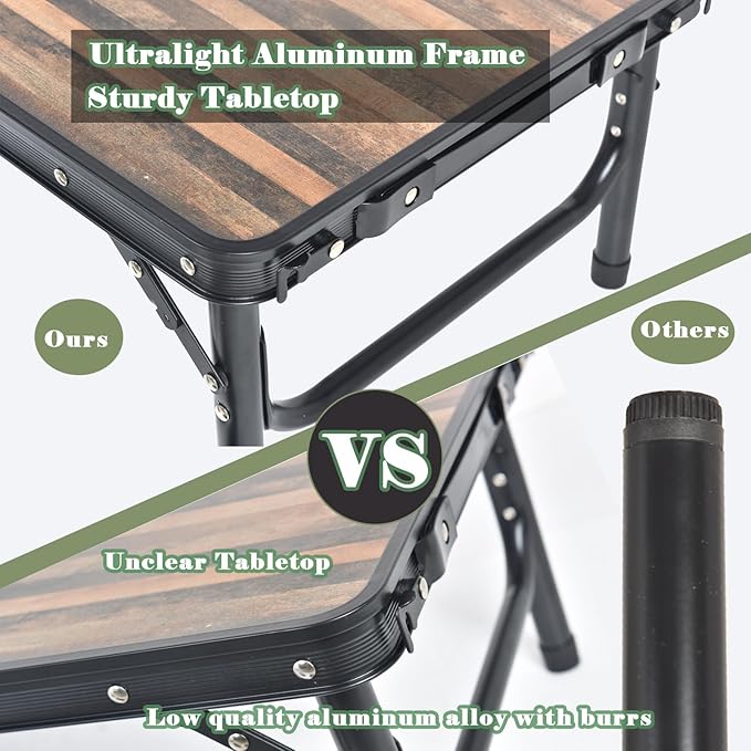 Small Folding Camping Table, 2ft Portable Picnic Table Aluminum 24" x 16" Folding Table, 3 Adjustable Heights Portable Lightweight Table Dining Table for RV, Picnic, Beach (Wood Grain)