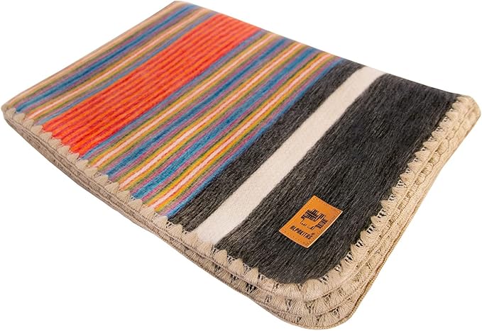 Alpaca Wool Blanket – Queen Size, 87 x 64 Inches – Warm & Lightweight – Couch, Bed, or Outdoor Blanket – Orange & Blue