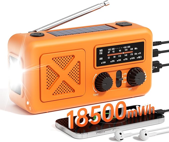 Emergency Radio Hand Crank Solar, 5000mAh/18500mWh Emergency Weather Radio, Hand Crank Solar Radios with NOAA/AM/FM, Cell Phone Charger, Headphone Jack, Flashlight for Indoor Outdoor