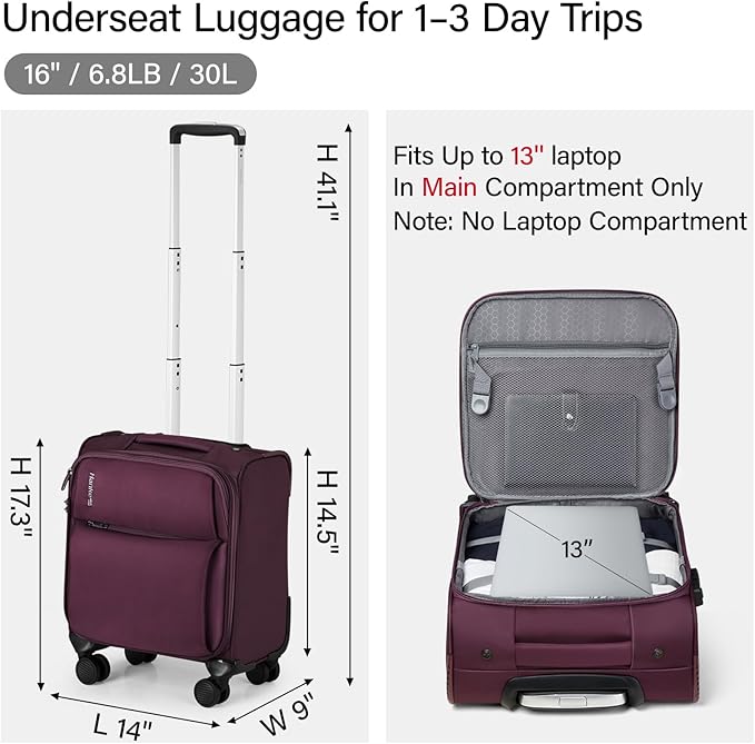 Hanke 16 Inch Underseat Carry On Luggage with Spinner Wheels Airline Approved, Small Rolling Suitcase Softside Underseater Lightweight TSA Travel Roller Suitcase Carry-On Bag(Purple)