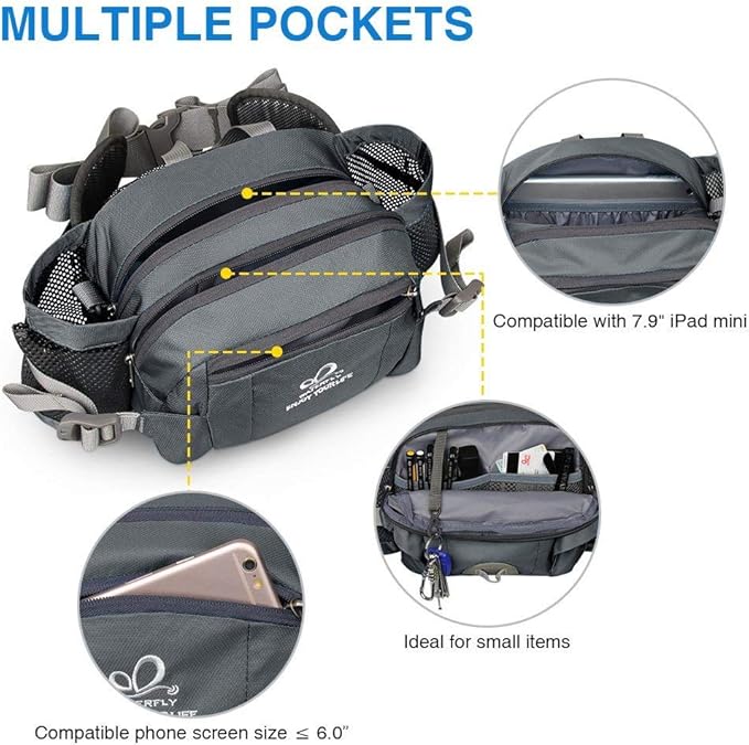 WATERFLY Fanny Pack Waist Bag: Fannie Pack 2 Water Bottle Holders Lumbar Belt Hiking Walking Running Jogging Camping Large Woman Man (Bottle Not Included)