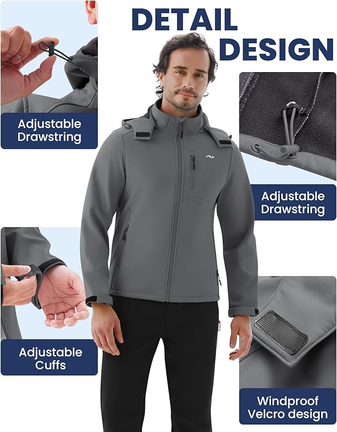 WULFUL Men's Softshell Jacket Waterproof Lightweight Insulated Windbreaker Fleece Lined Rain Shell Jacket for Hiking Travel