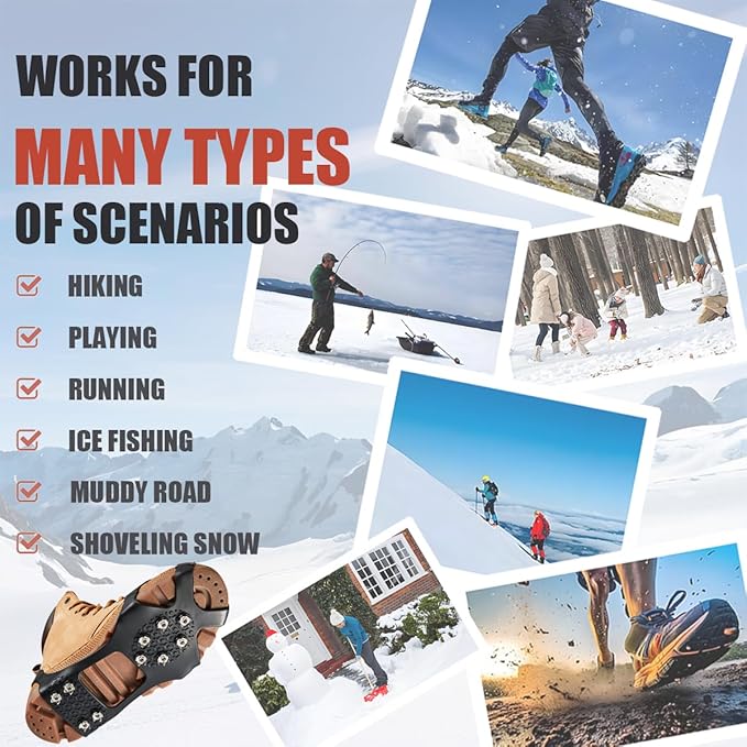 Ice Cleats for Shoes and Boots, Ice Snow Traction Cleats Grippers, Non Slip Shoe Ice Grippers,10 Steel Rubber Spikes Crampons Anti Easy Slip Studs Crampons Slip-on Stretch Footwear