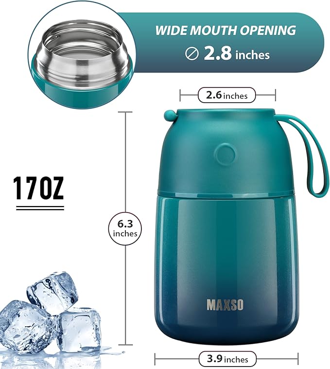 MAXSO Soup Thermo for Hot & Cold Food for Adults Kids, 17 oz Vacuum Insulated Steel Lunch Container Bento Box with Spoon, Leakproof Thermal Food Jar for School Office Travel - Blue Green