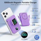Magnetic Portable Charger for iPhone with Built-in Cables, 6-in-1 10800mAh Power Bank with iWatch Charger & LCD Display,25W Fast Charging Battery Pack for iPhone 16/15/14/13/12,Apple Watch (Purple)