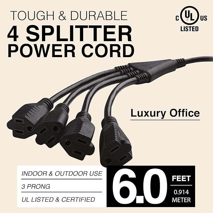 4 Way Power Splitter - 1 to 4 Extension Cord Splitter, 6' Long Extension Cord, Outlet Splitter 3 Prong, Power Strip Outlet Plug, Y Style Extension Cord, Black, SJT 16 AWG by Luxury Office