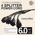 Luxury Office 4 Way Power Splitter - 1 to 4 Outlet Splitter, 6' Long, Black, SJT 16 AWG by Luxury Office
