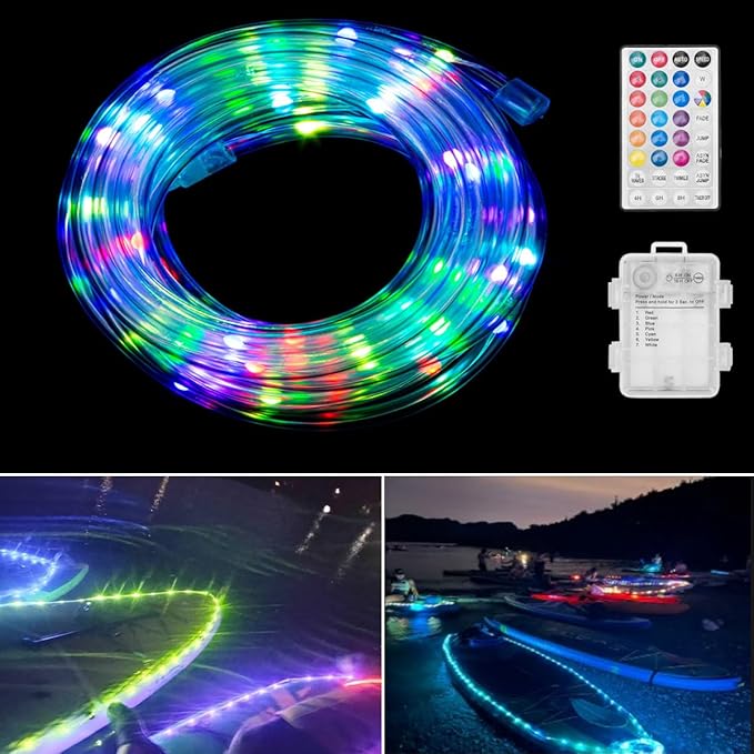 Kayak Glow Lights Kit, LED Glowing Rope Lights for Paddle Boards, Battery Operated Boat Lights with Remote Control, 17 Colors 7 Flashing Modes RGB Color Changing, Kayak Accessories (21ft)
