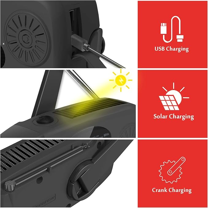 Solar Emergency NOAA Weather Radio Dynamo Hand Crank Self Powered AM FM WB Radios 3 LED Flashlight 2000mAh USB Smart Phone Charger Power SOS Alarm (Black)