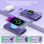 Magnetic 10000mAh Portable Charger for iWatch & iPhone, 22.5W USB C Fast Charging Wireless Power Bank Built-in Cables and Wall Plug, External Travel Battery Pack Compatible with iOS Android Devices