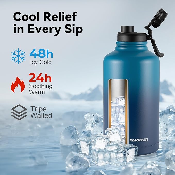 KXIAOCHEN Insulated Water Bottle, Stainless Steel Water Bottle, 2 Lids (Straw and Handle Lid),Wide Mouth Metal Water Bottles Keep Hot and Cold, Double Walled, Thermo Mug, Metal Canteen