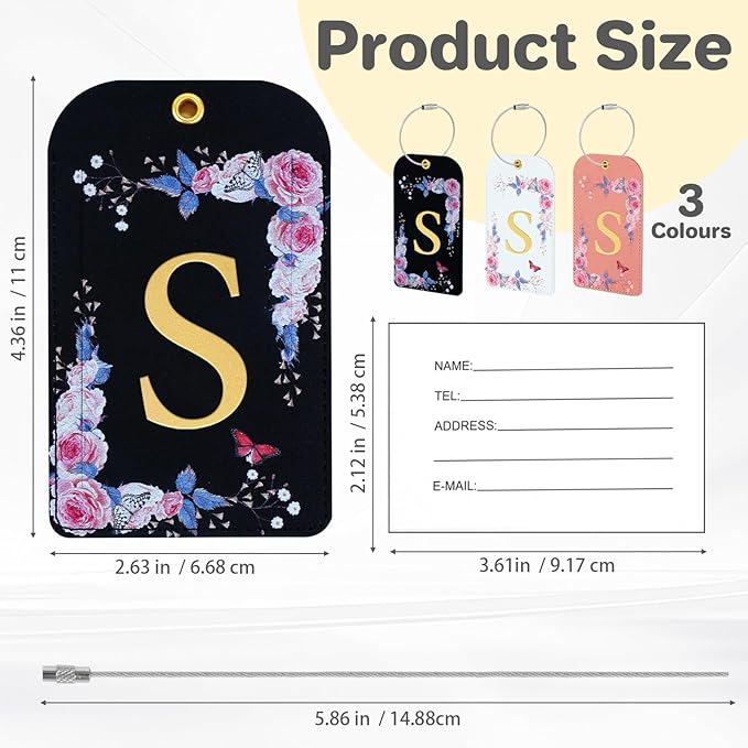 3 Pack Luxury Floral Luggage Tags, Durable PU Leather Suitcase Tags with Stainless Steel Cable Strap, Hidden ID Slot for Privacy Protection, Easy to Identify Waterproof Travel Accessories Gift (S)